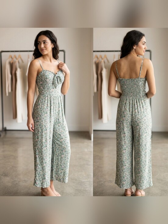 As U Wish Pants - AS U WISH Floral Jumpsuit Sage Green Wide Leg Sweetheart Tie Front Small